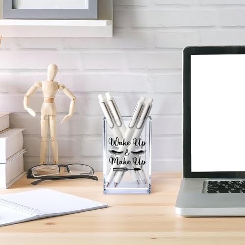 Image of Wake Up And Make Up Acrylic Makeup Brush Organizer Holder, Beauty Student Pen Holder Cup, Motivational Morning Gifts for Women Makeup Lover, Beauty Gifts for Her Beautician Sister Friend