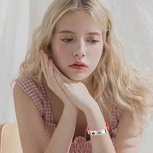 Miniatura 3 de Pulsera de alerta médica roja para mujer, de acero inoxidable, para emergencia, primeros auxilios, alerta de salud, pulsera de silicona ajustable