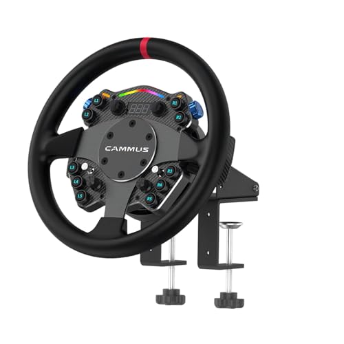CAMMUS Racing Steering Wheel C12, Housse de volant en cuir + clip de bureau + clavier multifonction, palettes de changement de vitesse magnétiques, fonctionnement PC haute performance - noir