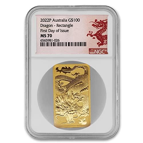 2022 No Mint Mark 1 oz Australian Gold Dragon Bar MS-70 First Day of Issue Lunar Label $100 NGC MS70