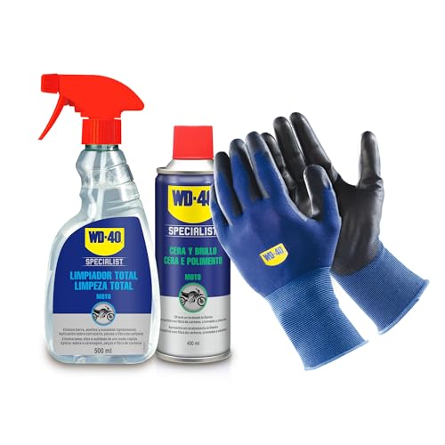 WD-40 Specialist Motorbike – Lote para moto limpia y radiante con Limpiador Total 500Ml + Cera y Brillo 400Ml + Guantes Originales de WD-40