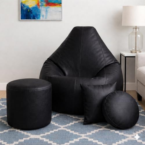Image of XXL Bean Bag Cover, Teardrop Shape, Faux Leather, with Footstool and Cushions, 106x87x65 cm, Adult (Black, XXL, Solid)