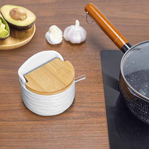 77L Sugar Bowl, Ceramic Sugar Bowl With Sugar Spoon And Bamboo Lid For Home And Kitchen - Modern Design, White, 8.58 Fl Oz (254 Ml) #TOP6
