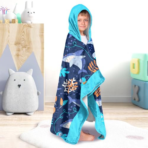 Image of Shark Boys Beach Towel with Hoodie for Kids Toddlers Age 4-8,Shark Blue Bath Towels Shower Wrap for Boys, Hooded Poncho Beach Blanket for Pool Swimming Cute Wearable Bath Towel for Child