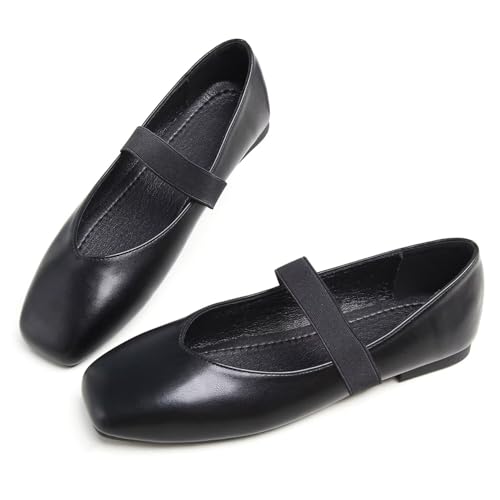 Hee grand Leather Flats for Women Comfortable Square Toe Mary Jane Shoes Elastic Strap Flats Lightweight Walking Shoes