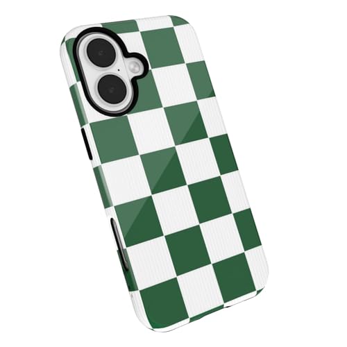 LoeoeL Checkered Phone Case for iPhone 16 Case Hard Shell, Girly Cute Aesthetic Plaid Checkers Print Cover for Women, Thin Slim Checkerboard Design Glossy Shockproof Plastic, Green White