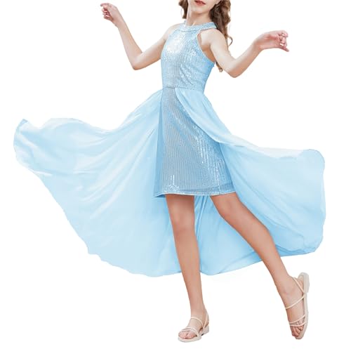 Lady Neckholder Ärmellos Chiffon-Kleid Partykleider mit Glänzendem Pailletten Fashion Hochzeit Kinderkleidung Hellblau 12-14 Jahre