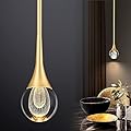EANLOLY 1-Light Teardrop Crystal Pendant Light, Brass Gold Globe Ceiling Hanging Light Fxitures, LED Raindrop Light Fixtures Metal Rod Ceiling Glass Pendant Lighting for Kitchen Island Dining Room Bar
