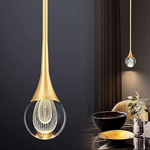 EANLOLY 1-Light Teardrop Crystal Pendant Light, Brass Gold Globe Ceiling Hanging Light Fxitures, LED Raindrop Light Fixtures Metal Rod Ceiling Glass Pendant Lighting for Kitchen Island Dining Room Bar Cover