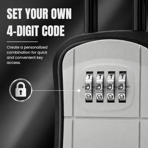 Image of Karomouj 4-Digit Password Key Safe | Waterproof Wall-Mounted Lock Box | Secure Spare Key Storage Holder for Home, Garage, Office, Garden & Outdoor Areas, Portable Design | 1 Pack | Silver