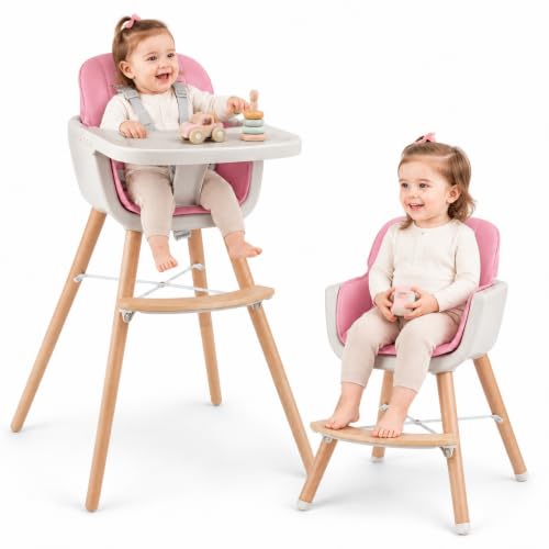 Image of HONEY JOY Baby High Chair, 6-in-1 Eat & Grow Wooden Highchair/Toddler Chair with Removable Tray, 5-Point Harness, PU Cushion and Footrest, Convertible High Chair for Babies and Toddlers(Pink)