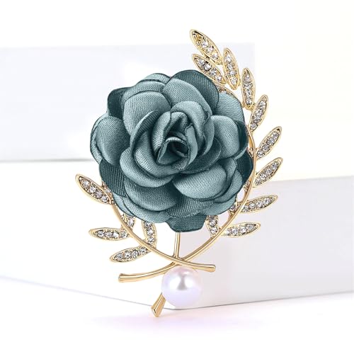 Image of Rose Brooch for Women,Dainty Satin Fabric Flower Lapel Pins Vintage Elegant Pearl Brooches Handmade Crystal Pearl Pins Silk Camellia Safety Collar Pin Dress Suit Accessories Wedding Bridal Bouquet Jewelry (Blue)