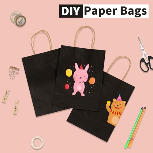 Image of Black Kraft Paper Bags 100 Pack 8x4.5x10.8 in with Handles | Recycled Kraft Paper, Reinforced Handles, for Boutique, Wedding, Retail, Small Business, Gift Giving, Eco-Friendly