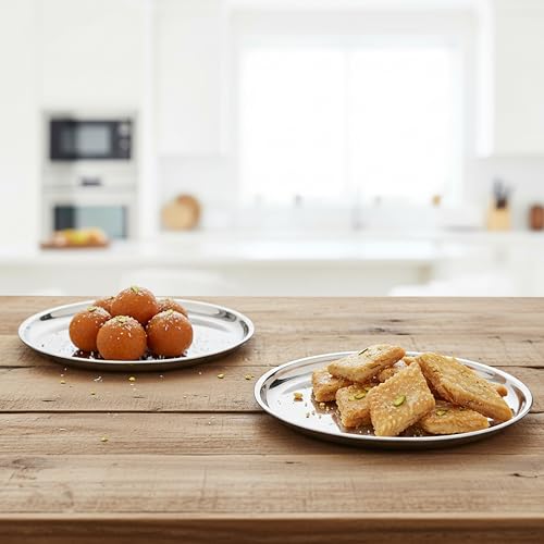 Image of HAZEL Stainless Steel Dinner Plate with Glossy Finish | Thali Plates for Kitchen | Serveware Snacks Plates for Kids | Breakfast Plates Set of 2, 21 cm