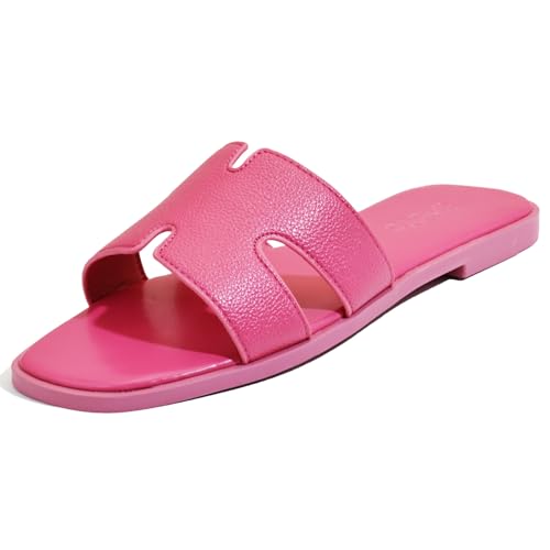 Image of Women's Flat Sandals, Ladies Leather Slippers, Comfy Dressy Slip on Shoes Elegant Slides Summer Fall Spring Cute Open Toe Casual Footwear