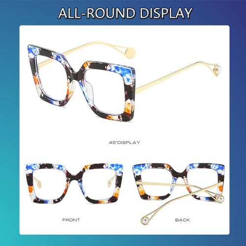 Image of Oversized Square Blue Light Blocking Glasses for Women Thick Fashion Pearl Inlay Arm Eyewear Computer Eyeglasses