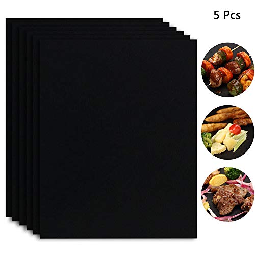 YTASA Anti-Stick Barbecue Mat Set of 5, Easy-Clean, Reusable, Works on Electric Grill, Gas, Charcoal, Oven - 13 x 15.75 Inch (Black)