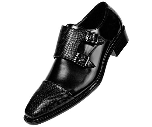 Bolano Mens Black Smooth Double Monk Strap Dress Shoe w. Embossed Strap and Cap Toe : Bancroft-000 , Black , 11 D(M) US