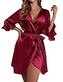 Ekouaer Women's Satin Robe Valentines Lingerie for Women Kimono Bathrobe 3/4 Sleeve Ruffle Belted Robes Bridesmaids