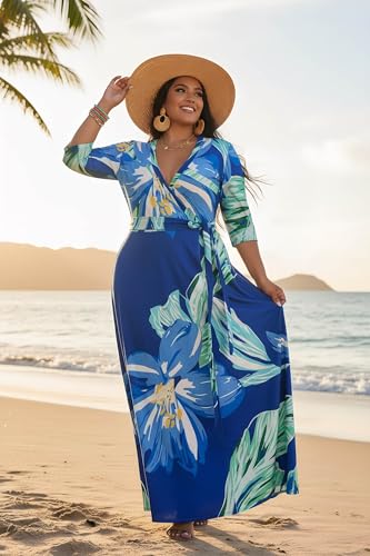 Image of Runwind Plus Size Dresses for Women Floral Maxi Dress Flowy 3 /4 Sleeve with Belt