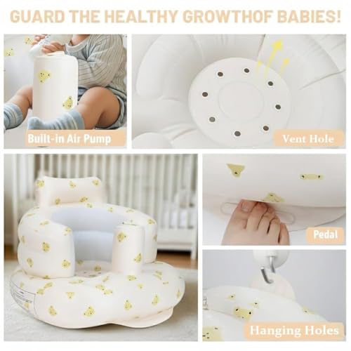 Image of Inflatable Baby Support Seat | 100% Safe Blow Up Chair with Built-in Air Pump | Blow Up Babies Chair for Sitting,Home, Travel,Feeding & Playtime | Bear for 3-36 Months