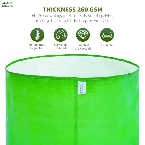 Image of Anandi Green's HDPE Uv Protected 260 GSM Round Green Colour Grow Bags Suitable for Terrace and Vegetable Gardening 15x12 Pack of 6 Plant Bag