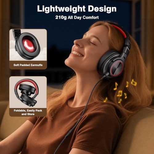 Image of New Bee Studio Headphones, Wired Headphones with 50mm Drivers, Professional DJ Headphones for Recording Mixing Podcast Guitar Piano, 210g Ultra-Lightweight Design, 3.5 /6.35mm Jack, Red Black