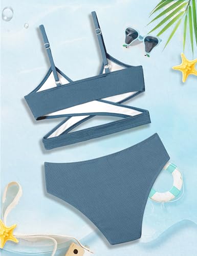 Image of Girls Swimsuit Bikini Set,Criss Cross Bathing Suits for Girl Two Piece Solid Color Girls' Swimwear for 7-16 Years