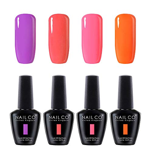 NAILCO Neon Gel Nail Polish Set, Neon Orange Hot Pink Purple Red 4 Colors Soak Off LED Gel Nail Kit, 15ml Each Bottle