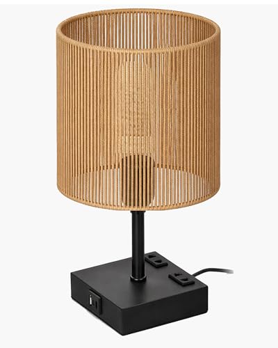 Image of Homesake Touch Table Lamp with USB A + Type C Charging Ports Dual AC Outlets, Touch Control, Medium Size, Bulb Included Night Stand, Bedside Desk Light Bedroom Living Room Office, (Raffia Rectangle)
