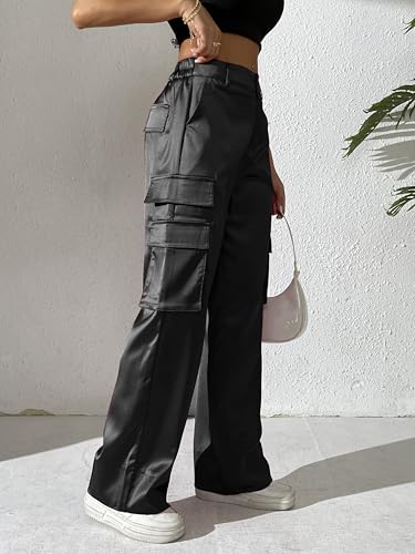 Fakanhui Women's Cargo Pants Baggy Satin Casual High Waisted Gold Silver Party Club Streetwear Trouser3