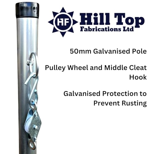 HILL TOP FABRICATIONS CO (1998) LTD 3 Meter Washing Line Post - Pulley Wheel & Middle Cleat Hook Galvanised Pole Heavy Duty Clothes Pole (10 Foot)