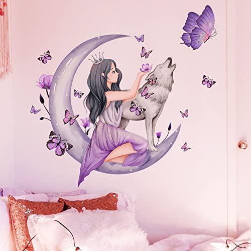 OOTSR Butterfly Girl Wall Stickers,Moon Wolf Flower Fairy Wall Decal,Pink Floral Wall Mural Colorful Butterflies Wall Decor - Image 4