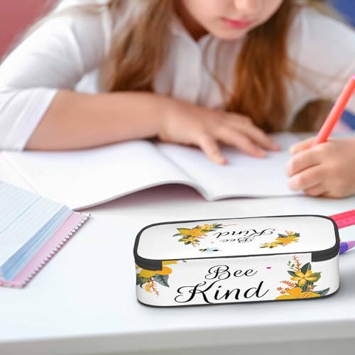 Image of Bee Pencil Case Cute Bee Kind Yellow Flower Bunches Pencil Bag Pen Markers Pouch Holder Organizer for Boy Girl School Students