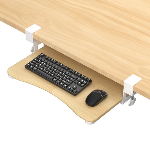 suptek Small Keyboard Tray Under Desk Pull Out with C Clamp Mount for Computer Keyboard, 20 (24.2 Including Clamps) x 11.8 inch Slide-Out Platform Computer Drawer for Typing, Light Wood, DSF1SQM