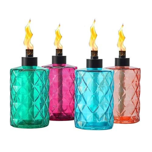 Outdoor Table Torches, Refillable Flame Light Torch, Crystal Textured Glass Table Torch, 4 Tabletop Light, Colorful Candle Light, Portable Table Dinner Lights, Table Top Torches for Home,Graden