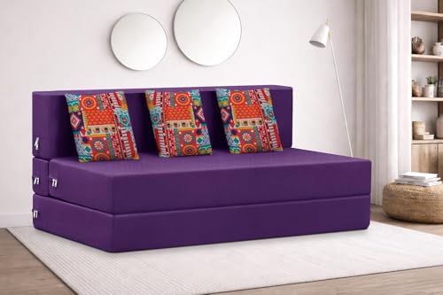 Image of Rosebell Three Seater Foldable Sofa Cum Bed (5x6 Feet) Jute Fabric, Washable Removable Cover, | Space Saving Convertible Sofa Bed for Home, Office & Guests - Purple
