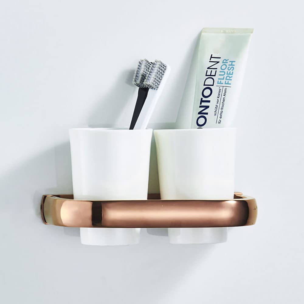 Portacepillos de dientes montado en la pared, Vaso doble de cerámica for pasta dientes, latón chapado en oro rosa, for lavabo, con tornillos montaje