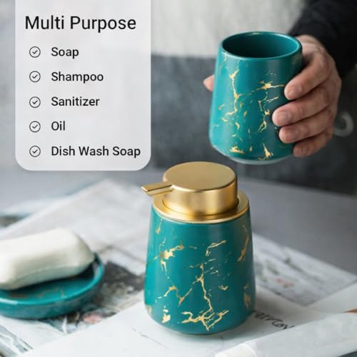 Image of Ceramic Bath Accessories Set of 3 (Luxe Green) - 400ml Soap Dispenser, Tumbler & Soap Dish, Green with Gold Marble Design, Bathroom Countertop Organizer for washbasin