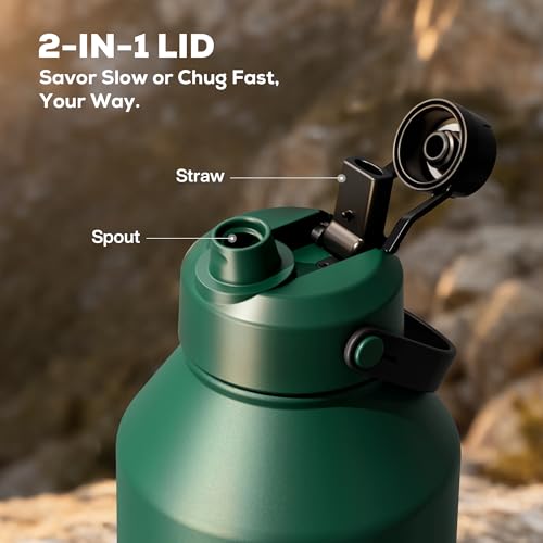 Image of POWCAN 64 oz Insulated Water Bottle with Carrier Bag, 2-in-1 Straw & Spout Lid, Leakproof, Keep Cold 48H, BPA-Free, Stainless Steel Water Bottle with handle for Workout, Trip and Fitness (Forest)