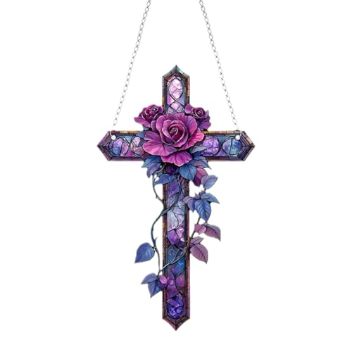 Laroal Décoration à suspendre en forme de croix rose violette 19 x 11 cm/7,5 x 4,3 pouces Décoration à suspendre en verre acrylique teinté plat 2D pour chambre, jardin, cour et balcon