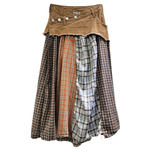 Women High Waisted Plaid Midi Skirts Patchwork Long Jeans Skirts