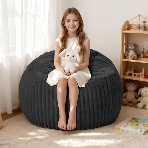 Image of HABUTWAY 2FT Bean Bag Chair, 2' Bean Bag Chairs with Memory Foam Filled, Small Comfy Beanbag Chair with Stripe Plush Cover for Living Room Bedroom Dorm, Black