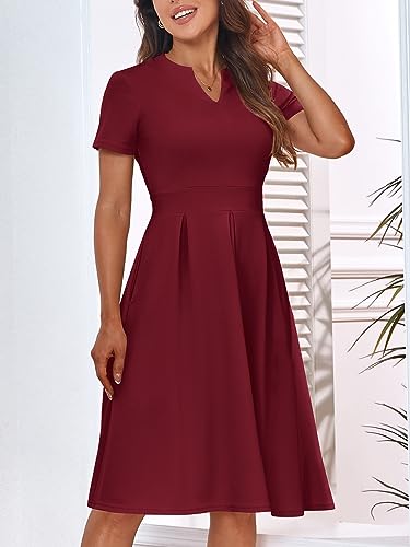 Image of YATHON Womens Elegant Print Notched Neck Slant Pocket Pleated Hem Casual A-Line Dress