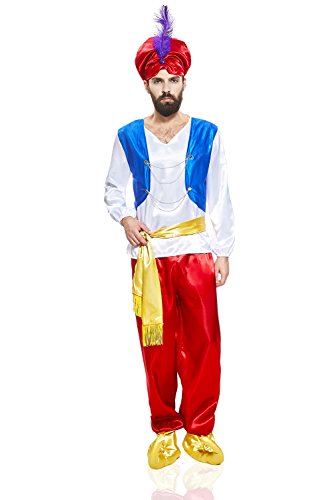 Adult Men Sultan Costume Emir Shah Rajah Little Mook Genie Arabian Nights Party (Medium/Large, Red/Blue/White)