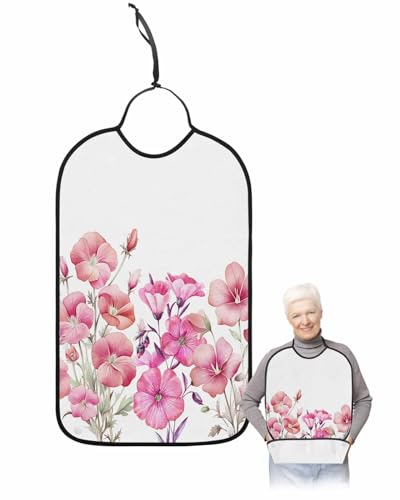 LEOKOTI Pink Spring Floral Adult Bibs for Eating, Waterproof Bibs with Food Catcher & Adjustable Snap Closure, Summer Botanical Watercolor Flower Washable Clothing Protectors Adult Bibs for Elderly