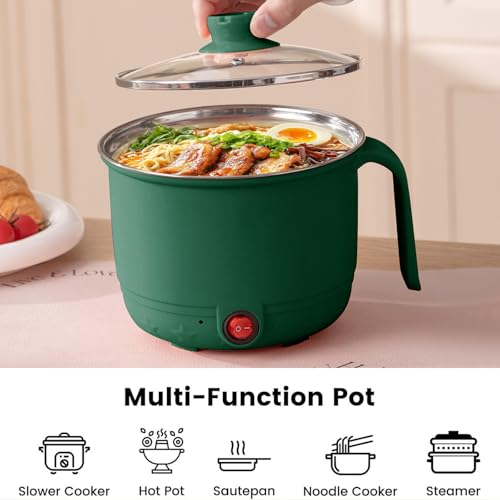 Image of Electric Cooking Pot with Steamer 1.5L | Multi-Function Mini Cooker | Non-Stick Inner | Travel Friendly Kitchen Appliance (Green, Without Steamer)