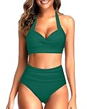 Tempt Me Women's Vintage Swimsuits Retro Halter Ruched High Waist Bikini with Bottom Emerald Green L