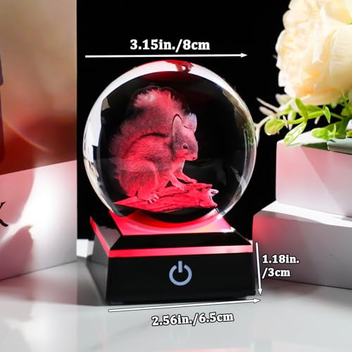 Image of Arikyrist 3D Squirrel Figurine Crystal Ball with Colorful Light Base, Laser Engraved Squirrel Gifts for Women Men on Christmas Birthday, Squirrel Ornament Glass Decorative Ball for Home Decor (80mm)