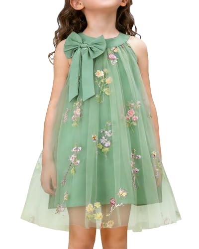 YALLET 5Y 6Y Flower Girl Dresses Halter Neck Sleeveless Homecoming Dress Embroidery Tulle Kids Party Gown for Valentine's Day Easter Wedding Party Birthday Special Occasion(Green,5-6 Years)